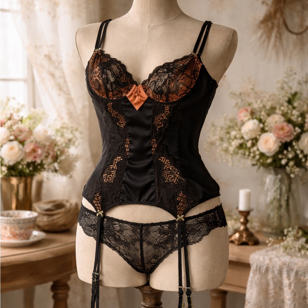 Elle Macpherson Satin, Coral, Black, Corset, Bustier Bra